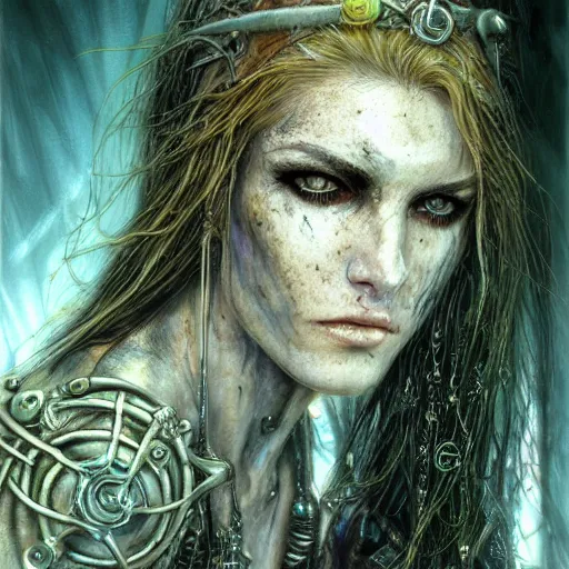 Image similar to an award finning closeup facial portrait by luis royo and john howe of a very beautiful and attractive female bohemian cyberpunk traveller aged 6 0 0 years old with green eyes and freckles in clothed in excessively fashionable cyberpunk gear and wearing ornate warpaint