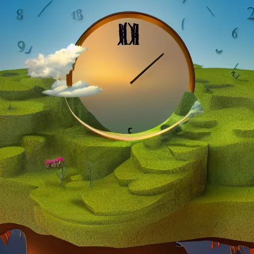 Image similar to a clock floating on an floating island, there are clouds around, it is on earth, on the background there are other floating islands too, cartoony, 4 k resolution, award winning