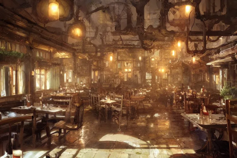 Image similar to A national geographic photo of the interior of an old inn restaurant filled with people by greg rutkowski, Trending on artstation