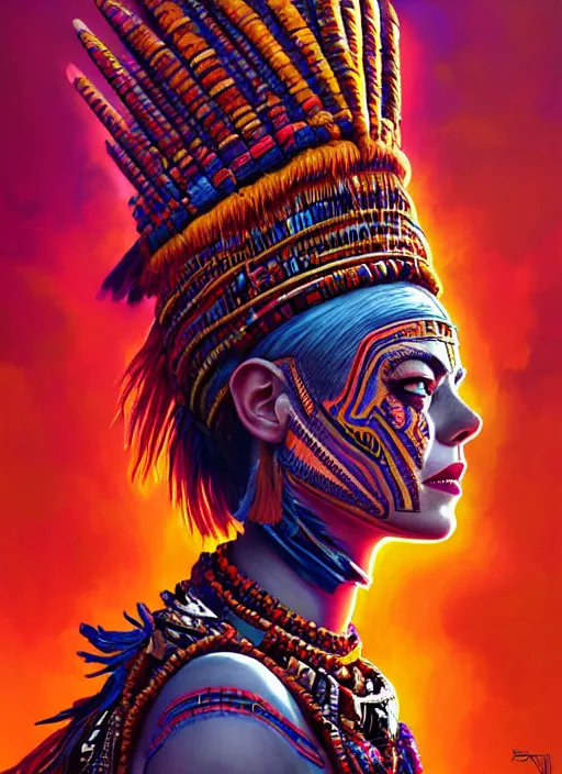 Image similar to portrait of emma stone, hyper detailed ultra sharp aztec shaman warrior. trending on artstation, warpaint aesthetic, bloodwave, colorful, psychedelic, ornate, intricate, digital painting, concept art, smooth, sharp focus, illustration, art by artgerm and greg rutkowski and h. r. giger, 8 k