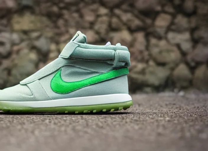 Image similar to product still of Yoda signature Nikes, 85mm f1.8