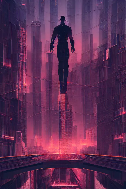 Image similar to a man standing on top of a bridge over a city, cyberpunk art by vincent lefevre, behance contest winner, altermodern, cityscape, synthwave, matte painting