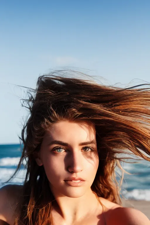 Image similar to 2 4 year old female model, wearing low cut top, zoomed in, photo realistic, extreme detail skin, no filter, slr, golden hour, beach, wind in hair, 4 k, high definition, selfie