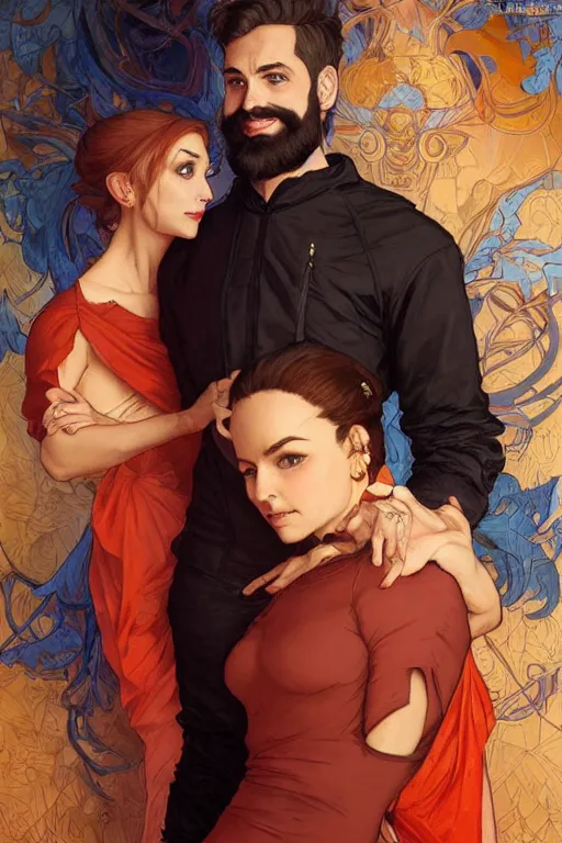 Image similar to bearded young man wearing orange t - shirt and tinfoil hat fastens zipper on beautiful black dress of his spouse before going to exquisite gala art by artgerm and greg rutkowski and charlie bowater and magali villeneuve and alphonse mucha