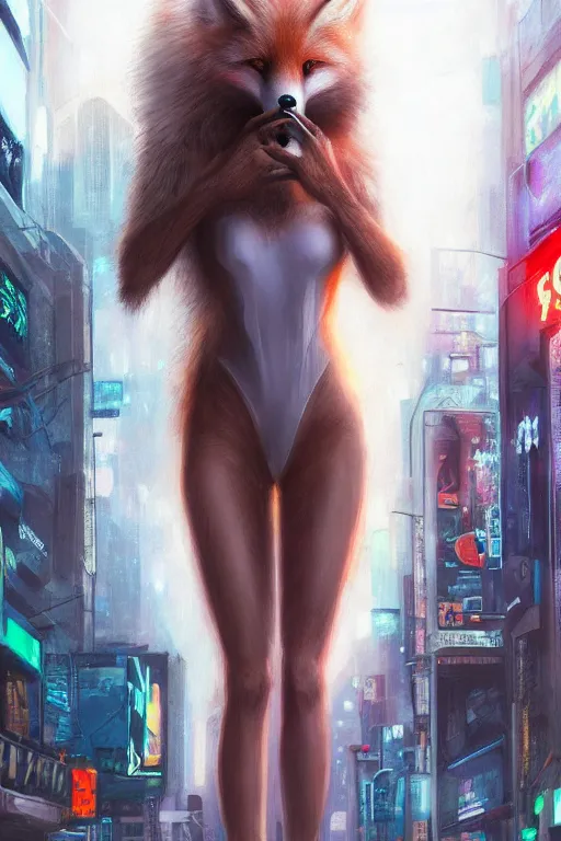 Image similar to gorgeous portrait of a tall beautiful white female anthro fox smoking a cigarette towering head and shoulders above the bustling crowd of a rainy city street around her, sci fi bodysuit, cyberpunk, harsh neon lights, highly detailed, sharp focus, digital painting, illustration, trending on artstation, art by sakimichan, wlop, greg rutkowski