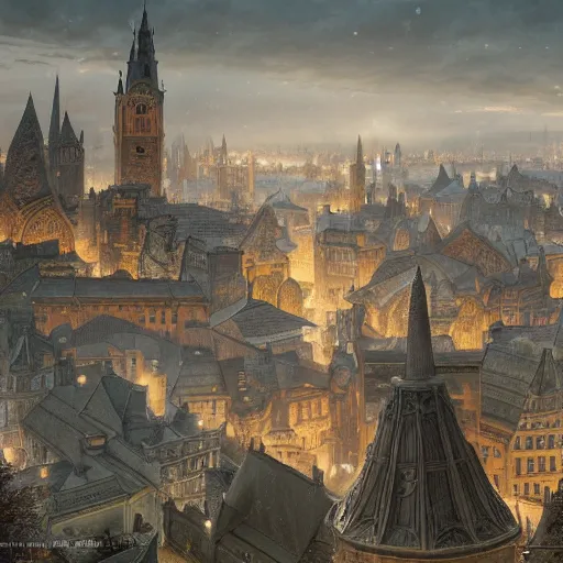 Image similar to an ultra detailed matte painting of the quaint capital city of galic, grid shaped city cobblestone streets, fantasy city, light snowfall, wind, inspiring gothic architecture, ultrawide lense, aerial photography, unreal engine, exquisite detail, 8 k, art by greg rutkowski and alphonse mucha