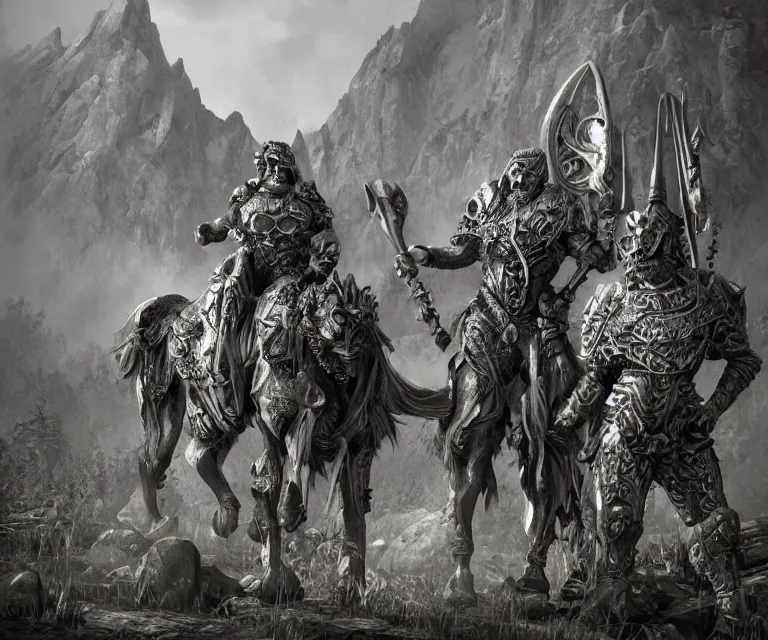 Image similar to trailcam footage grotesque horrific stylistic vray 3 d render of silver ornate armor slim bodybuilder handsome warriors, mountains and giant gothic abbeys, hyperrealism, fine detail, 8 k, artsation contest winner, cgsociety, fantasy art, cryengine, brush strokes, oil canvas by mandy jurgens and michael whelan