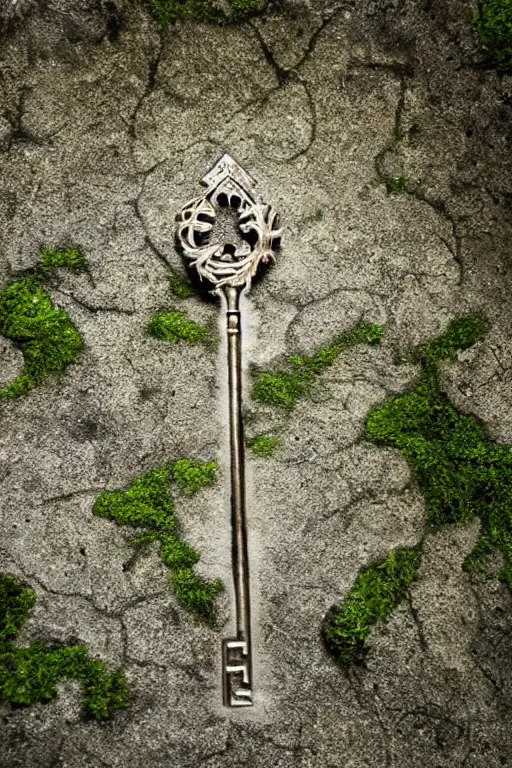 Image similar to mysterious key of death and rebirth, etched into a wall with crystals breaking through the stone, the floor covered by moss, cgsociety