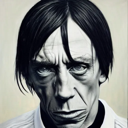 Prompt: Medium shot portrait of Iggy Pop by Gottfried Helnwein and Phil Hale