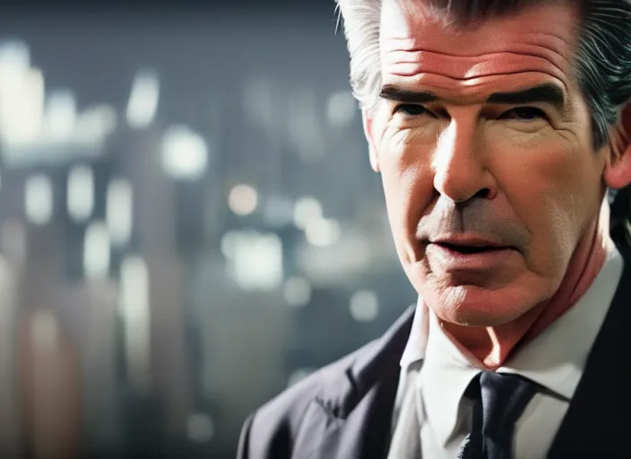 Image similar to film footage of pierce brosnan as giant monster destroying a city, 8 k, 8 5 mm f 1. 8, studio lighting