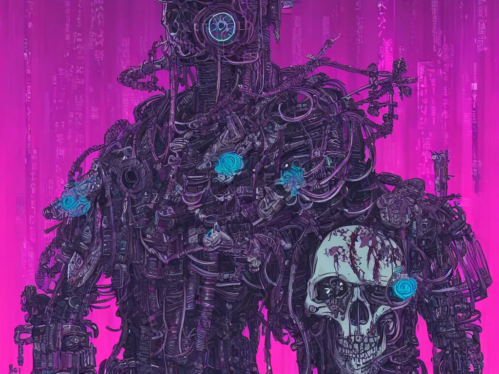 Prompt: high detailed lone dead android skull samurai with plants growing around the neck in a cyberpunk rainy city at night by Josan Gonzalez, purple and pink and blue neons, unreal engine, high quality, 4K, UHD, trending on ArtStation, wires, blade runner vibes, ghost in the shell, akira, dorohedoro