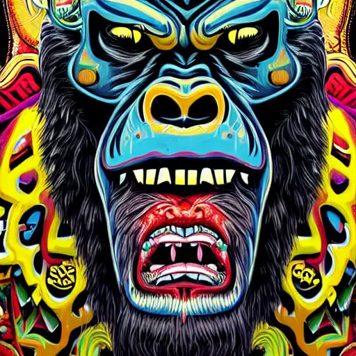 Prompt: barong family member faced jim carrey, jim carrey!, wiwek, mara demon, one single tribe member, jungle, one single mask, dark, ancient warrior, grumpy gorilla, violence blood, tribal, inner glow, art by dan mumford and justin gerard
