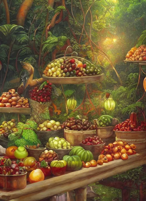 Image similar to a beautiful painting of pots filled with fruits and food in the jungle, close up, abundance, art by christophe vacher