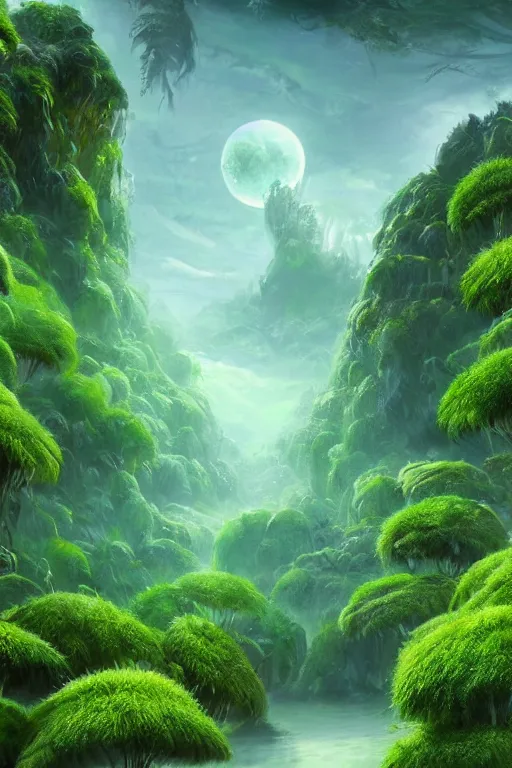 Image similar to beautiful lush green plants flowers exotic alien planet, digital painting, matte painting, small details