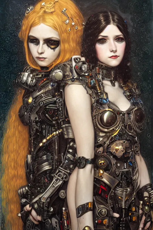 Image similar to portrait of two beautiful young gothic cyborg maidens, cyberpunk, Warhammer, kiss, highly detailed, artstation, illustration, art by Gustav Klimt