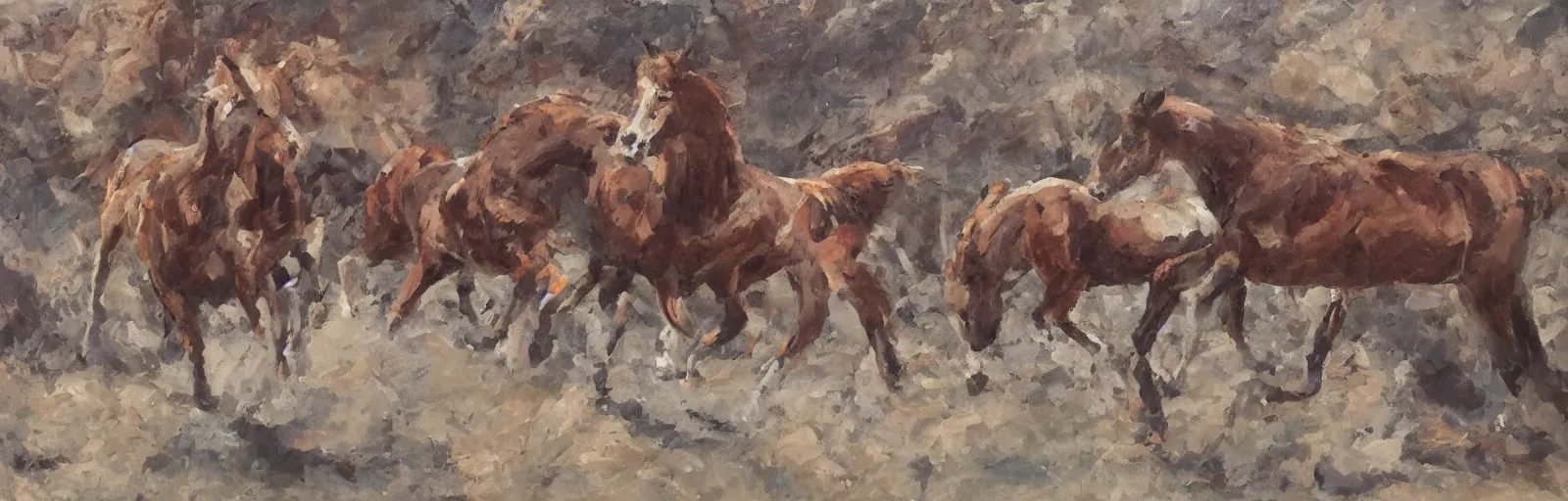 Prompt: lots of horses running through the canyon, they might be crawling, original oil on canvas painting by sydney mount