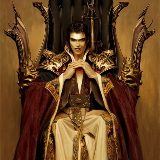 Image similar to perfectly centered portrait of attractive vampire king in a robe sitting on a throne of bones, highly detailed painting by gaston bussiere, craig mullins, j. c. leyendecker, 8 k