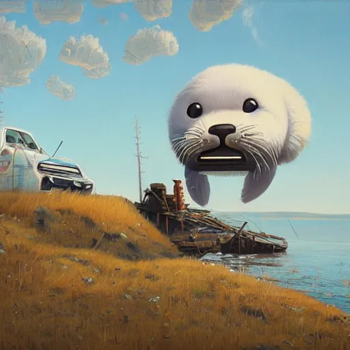 Image similar to an intricate oil painting of a giant cute white furry baby seal with by simon stalenhag