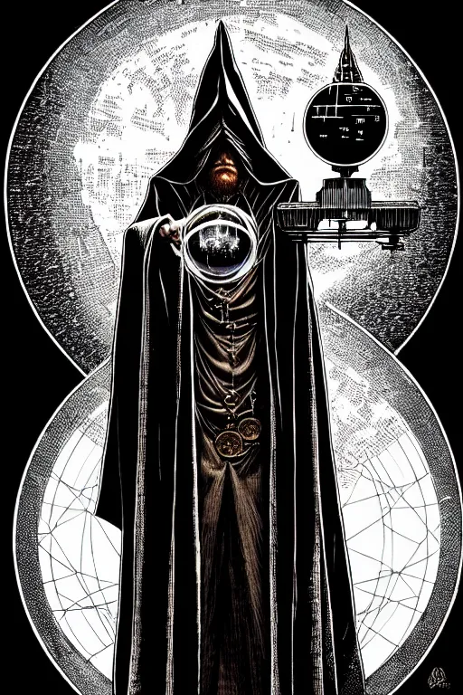 Image similar to cloaked steampunk wizard gazing into a crystal ball, high details, intricately detailed, by vincent di fate, inking, 3 color screen print, masterpiece, trending on artstation,, sharp, details, hyper - detailed, hd, 4 k, 8 k