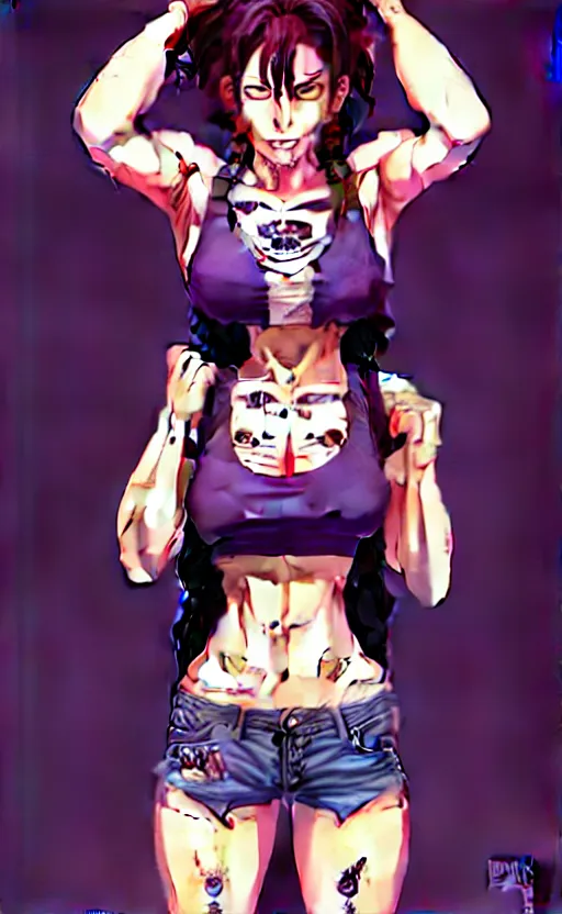 Image similar to a portrait of revy from black lagoon, dilraba dilmurarevy, smirk, black tank top, jean shorts, brown eyes, purple hair, tribal tattoos right arm sleeve, symmetrical eyes, symmetrical face, art by lois van baarle and loish and ross tran and rossdraws and sam yang and artgerm