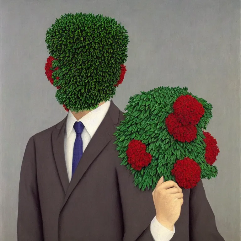 Image similar to portrait of man in a suit with flowers hiding his face by rene magritte, detailed painting, hd, hq, high resolution, high detail, 4 k, 8 k