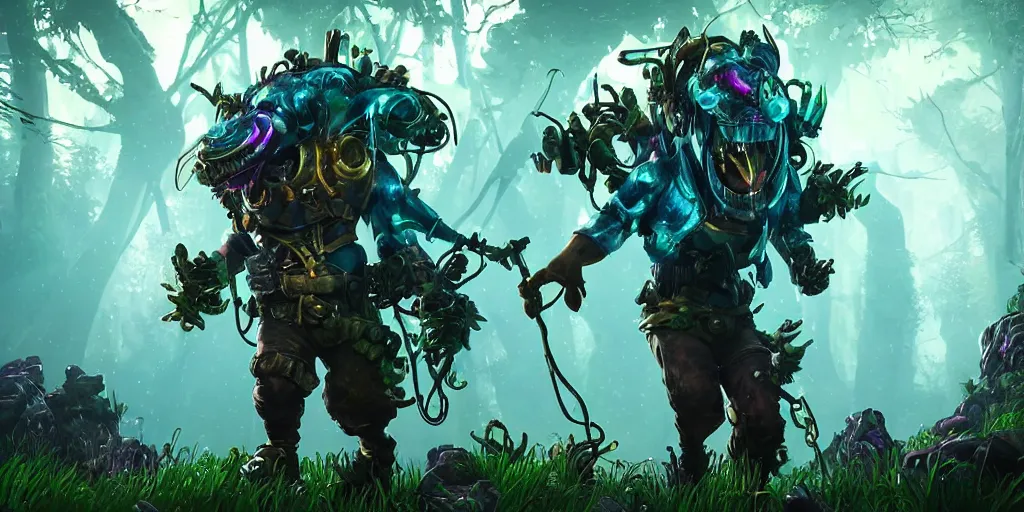 Image similar to gamekeeper hunting for mystical forest monster and wearing a steampunk and neonpunk mechanical fluorescent mystical animal mask realism in style of fornite game. bio luminescent, plasma, ice, water, wind, creature, artwork by tooth wu and wlop and beeple and greg rutkowski, epic cinematic shot, perfectly defined features, ambient occlusion