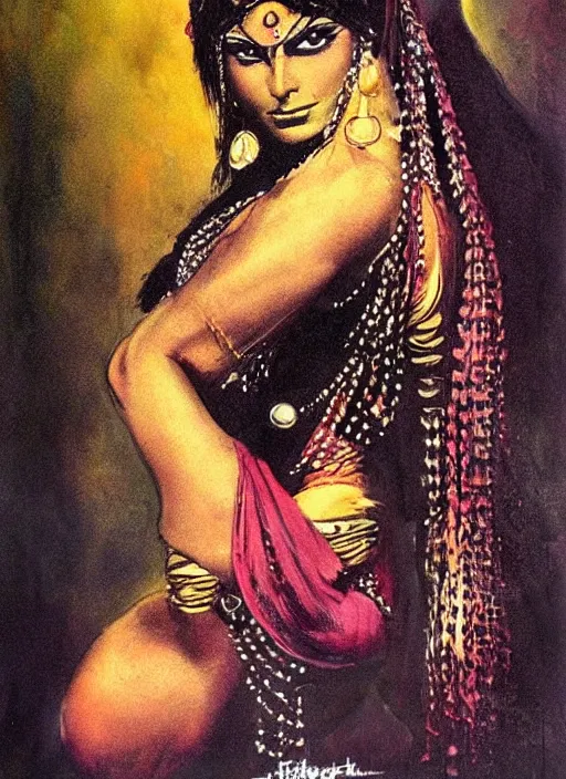 Prompt: portrait of muscular indian vampiress, jeweled veil, strong line, saturated color, beautiful! coherent! by frank frazetta, high contrast, minimalism