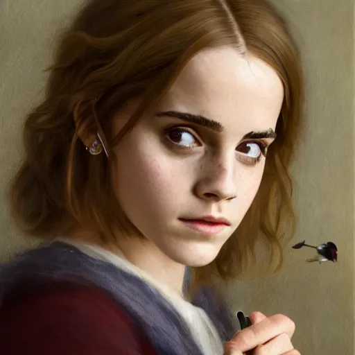 Image similar to Painting of Emma Watson as Hermione Granger as A Girl Writing; The Pet Goldfinch, art by Henriette Browne, extremely detailed, 4K