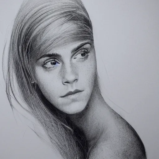 Image similar to Emma Watson, head and shoulders portrait, extremely detailed masterpiece, one single continues line.