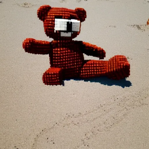 Prompt: a pixel art Teddy bear lounging on the beach