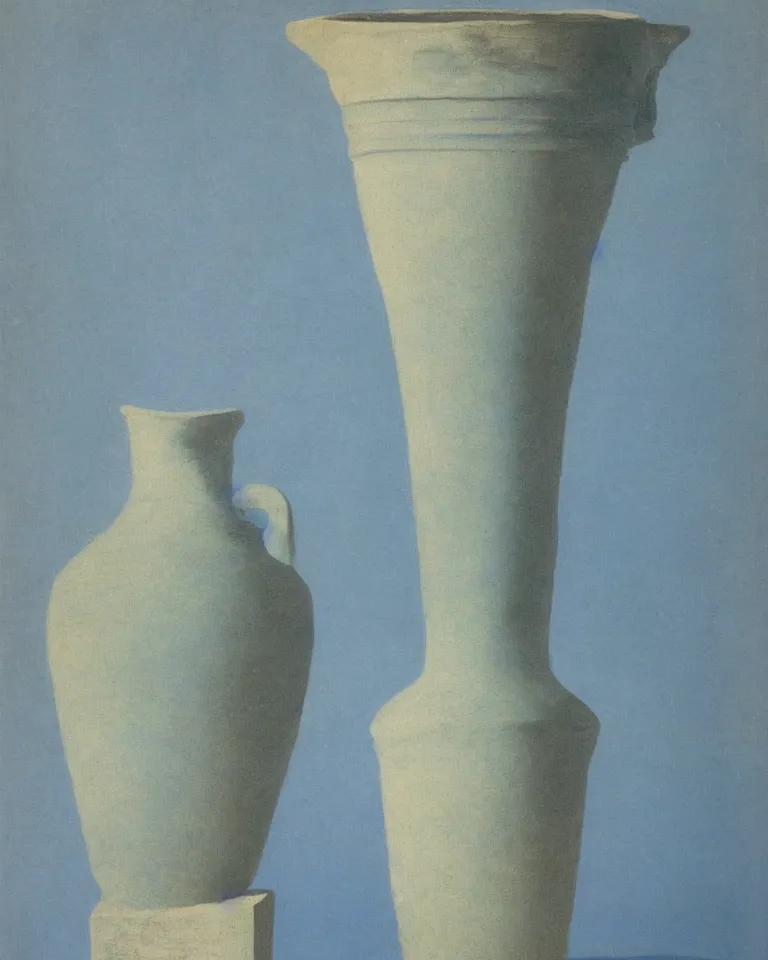 Image similar to achingly beautiful print of solitary painted ancient greek amphora on baby blue background by rene magritte, monet, and turner. sculpted.