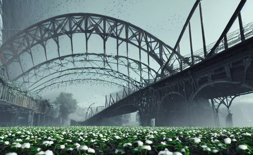 Prompt: explosions in the form of realistic cotton plants cover harbour bridge, huge cotton plants everywhere, smooth, sharp focus, highly detailed, 3 d octane render, epic lighting, dark atmosphere, lots of cotton plants, 8 k, by goro fujita