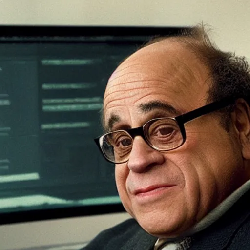 Image similar to danny devito bleary eyed at a computer, film still from the movie directed by Denis Villeneuve