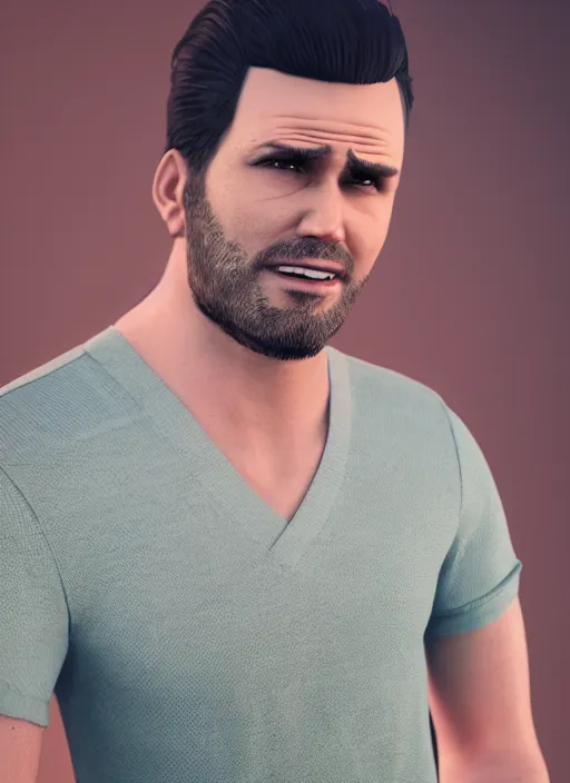 Prompt: 3 2 - year - old man, short stubble, wearing short sleeve v neck shirt, bara, character design, octane render, 8 k, portrait