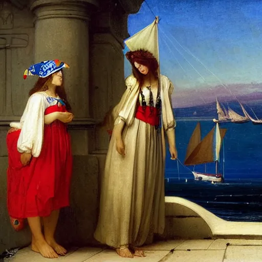 Image similar to A girl with jester hat and clothes on a greek circle archi on the front of a Balustrade with a beach and a sail boat on the background, night night night night night, major arcana cards, by paul delaroche and arnold böcklin hyperrealistic 8k, very detailed