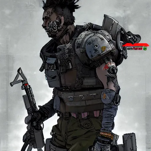 Image similar to a post-apocalyptic cyberpunk grimdark mercenary in the style of leonard boyarsky in the style of Yoji Shinkawa detailed realistic HD 8k High Resolution