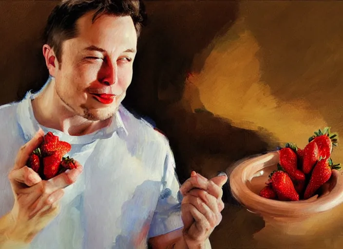 Image similar to a highly detailed beautiful portrait of elon musk eating strawberry by gregory manchess, james gurney, james jean