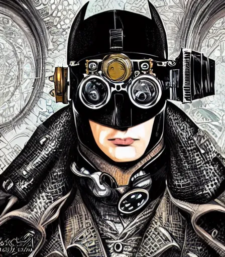 Prompt: hyper detailed comic illustration of a steampunk batman wearing goggles and an intricate Victorian jacket, markings on his face, by Android Jones intricate details, vibrant, solid background, low angle fish eye lens