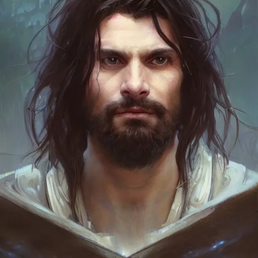 Image similar to closeup portrait of an artificer, male, dark hair, wizard, serious face, dungeons and dragons character, dramatic lighting, castle background, gorgeous view, realistic, high detail, digital art, painted by greg rutkowski, painted by jeremy mann, painted by alphonse mucha, trending on artstation