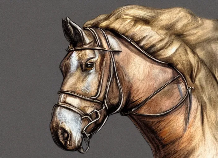 Prompt: concept art of algie infected stallion, carrying a saddle bag, digital art, photo realistic, highly detailed