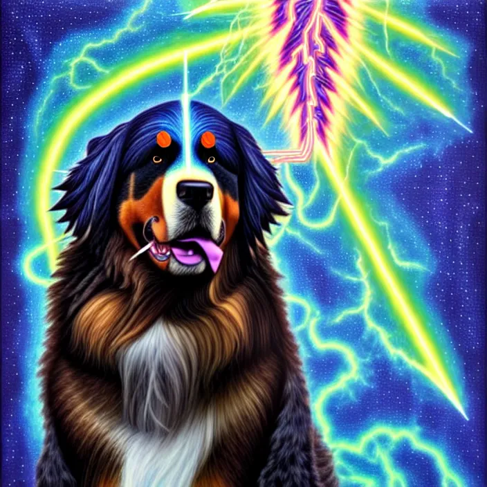 Image similar to an anthropomorphic male bernese mountain dog dressed as zeus shooting lightning bolts, by alex grey, intricate details, artstation, furry, psychedelic, hd, beautiful