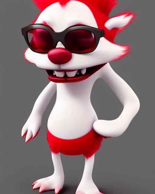 Image similar to 3 d render of completely red hairy friendly antropomorphic cartoony creature wearing white ray - ban shades, full body, simple, smile with no nose, no ears, cute, white background, unreal engine 5 hdr