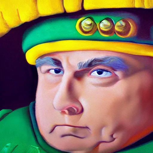 Prompt: cartman, classic oil painting, extreme detail, ultra hd, super - resolution