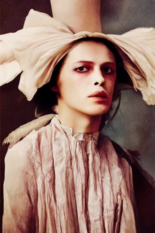 Image similar to hyperrealism close - up fashion portrait by roversi photo from the holy mountain by alejandro jodorowsky in style of francisco goya