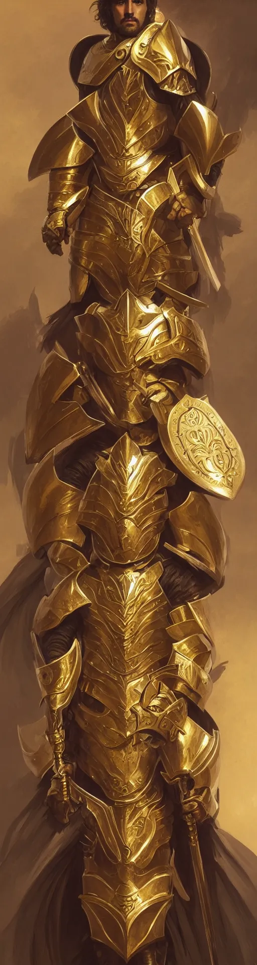 Prompt: Portrait of Pedro Perestrello as a paladin wearing gold full plate armor and wielding a shield, fantasy, intricate, elegant, highly detailed, digital painting, artstation, concept art, matte, sharp focus, illustration, art by Artgerm and Greg Rutkowski and Alphonse Mucha