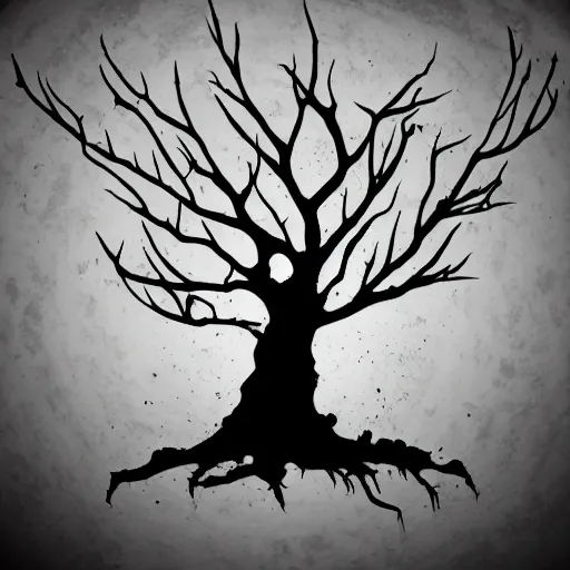 Prompt: black metal band logo, unreadable text, metal font, looks like a tree silhouette, complex lines, horizontal