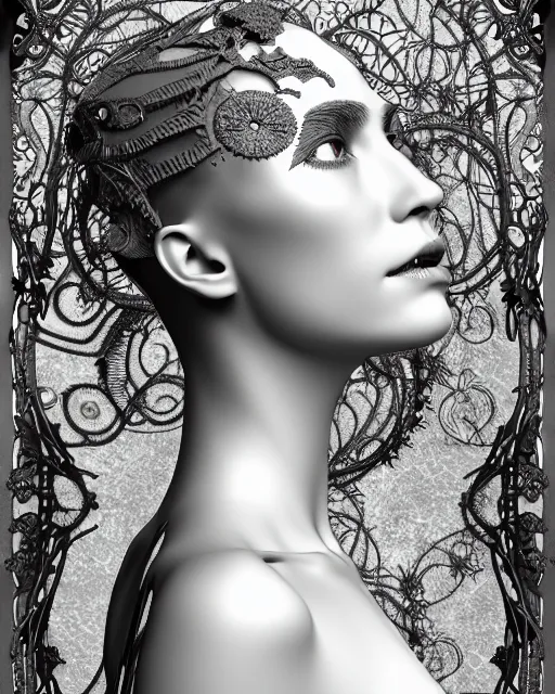Image similar to monochrome 3 d model, profile portrait 1 8 9 0 picture, silver lace floral steampunk biomechanical beautiful young female cyborg with techno eye, volumetric light, leaves foliage and stems, hibiscus flowers, sinuous fine roots, fine foliage lace, alexander mcqueen, rim light, big gothic fashion pearl embroidered collar, octane render, hg giger, 8 k