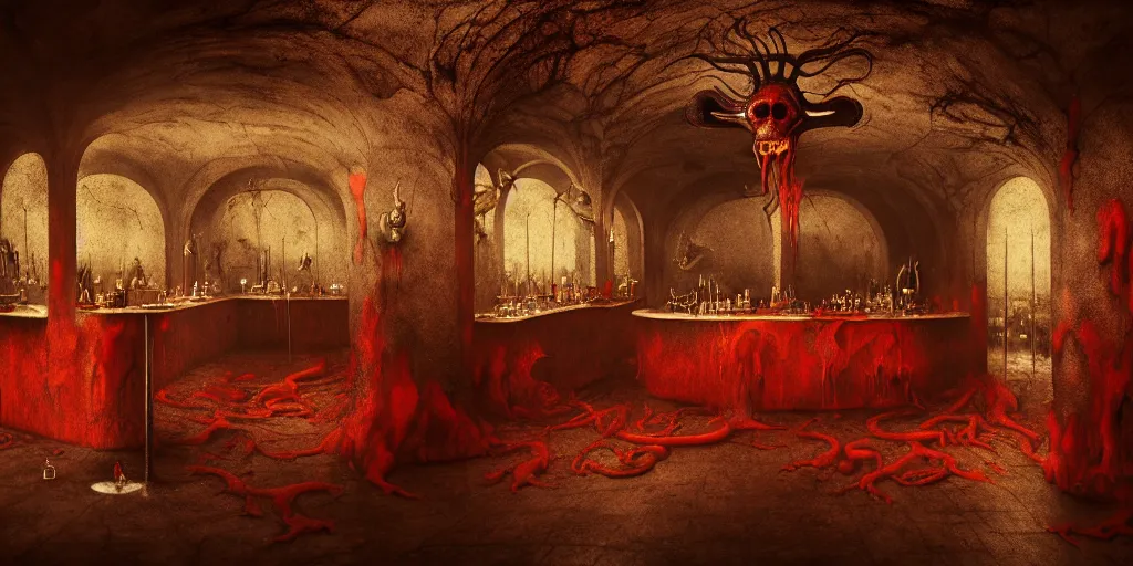 Prompt: surreal bar interior in hell by hieronymus bosch, animal body parts, red blood dripping, wide shot, baroque painting, dreamlike atmosphere, surreal abandoned buildings, beautiful detailed intricate insanely detailed octane render trending on artstation, soft natural volumetric cinematic perfect light, masterpiece, 8 k artistic photography, chiaroscuro, raphael, caravaggio, beksinski