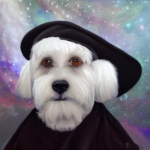 Prompt: “an oil painting portrait of a White Schnauzer dog wearing Artist robe and a Beret cap on a dark nebula background” digital Art, concept Art, highly detailed, 3-D 4K, trending on art station, Award winning, Mark Brooks,