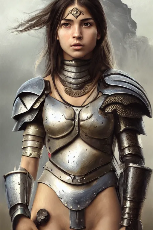 Prompt: a photorealistically painted portrait of an attractive young girl, partially clothed in battle armor, with an abstractly painted background, flawless olive skin, fair complexion, long dark hair, beautiful bone structure, perfectly symmetric facial features, perfect photorealistic eyes, natural physique, intricate, elegant, digital painting, concept art, finely detailed, beautifully illustrated, sharp focus, minimal artifacts, volumetric lighting, from Metal Gear, by Ruan Jia and Mandy Jurgens and Artgerm and William-Adolphe Bouguerea, in the style of Greg Rutkowski, trending on Artstation, award winning art